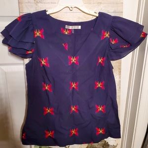Trina Turk Blue Butterfly Ruffle Short Sleeve Top